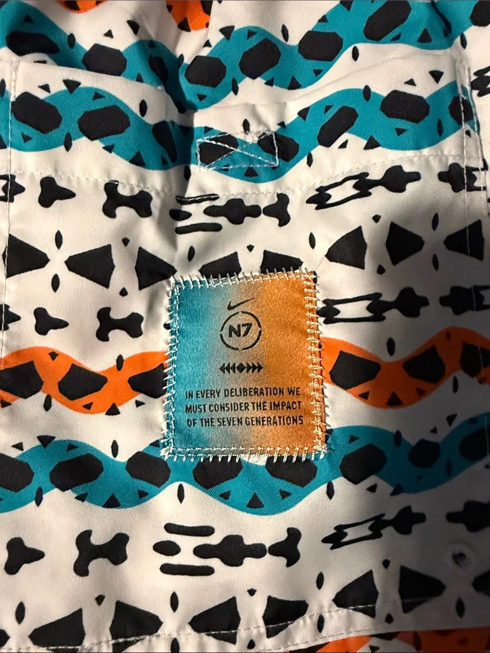 Nike N7 line White Swim Shorts with Teal, Orange & Black Tribal Pattern